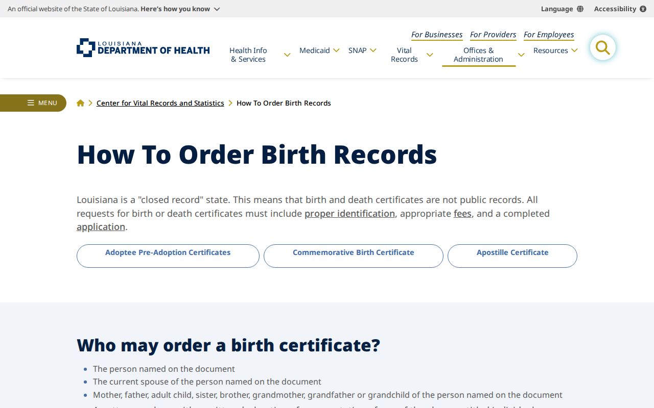 Louisiana birth record ordering page used for Ruston family research
