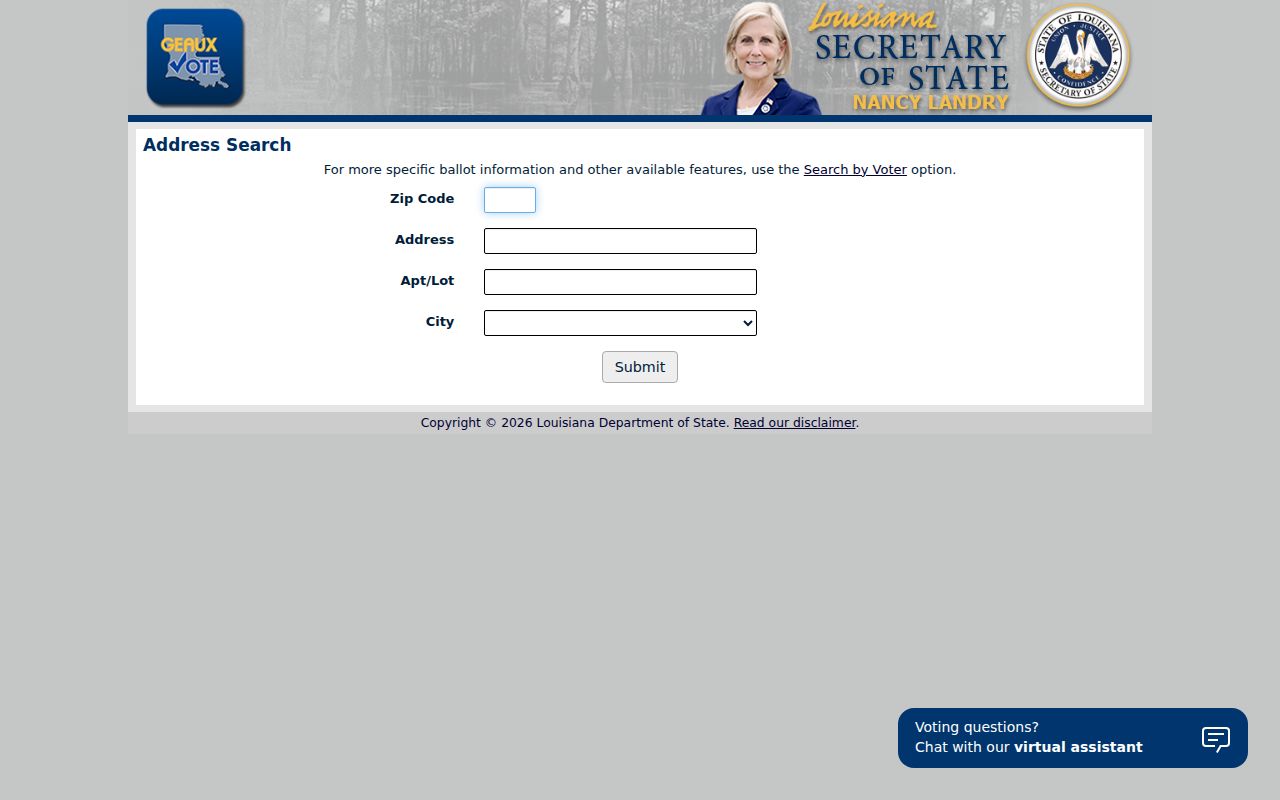 Louisiana voter portal address form for a Ruston lookup
