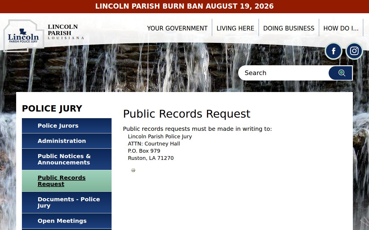 Lincoln Parish public records request route for a Ruston street file